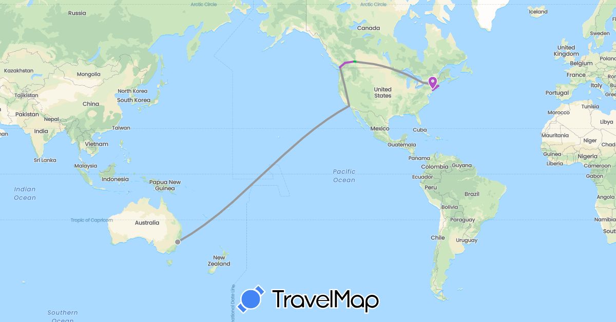 TravelMap itinerary: driving, bus, plane, train in Australia, Canada, United States (North America, Oceania)